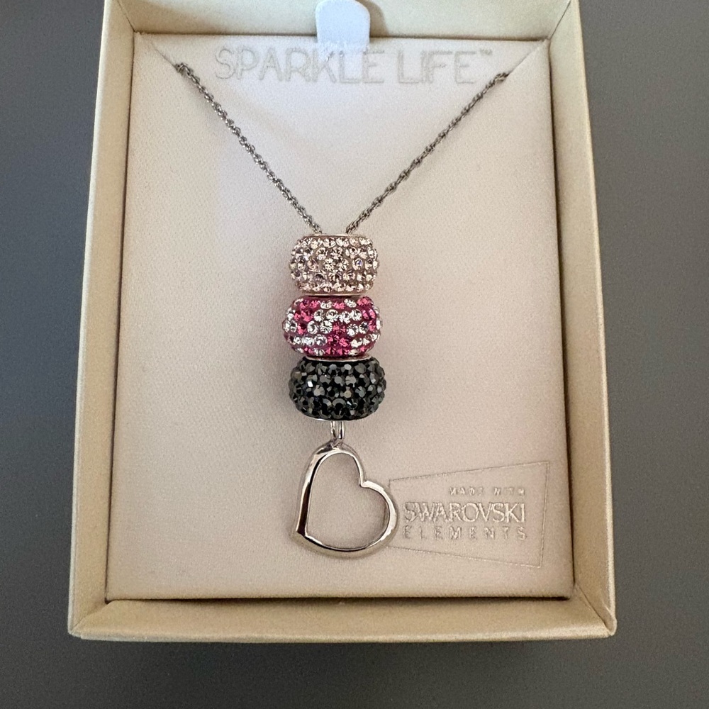Swarovski Pink, Black & Clear Crystal Bead Heart Pendant Necklace